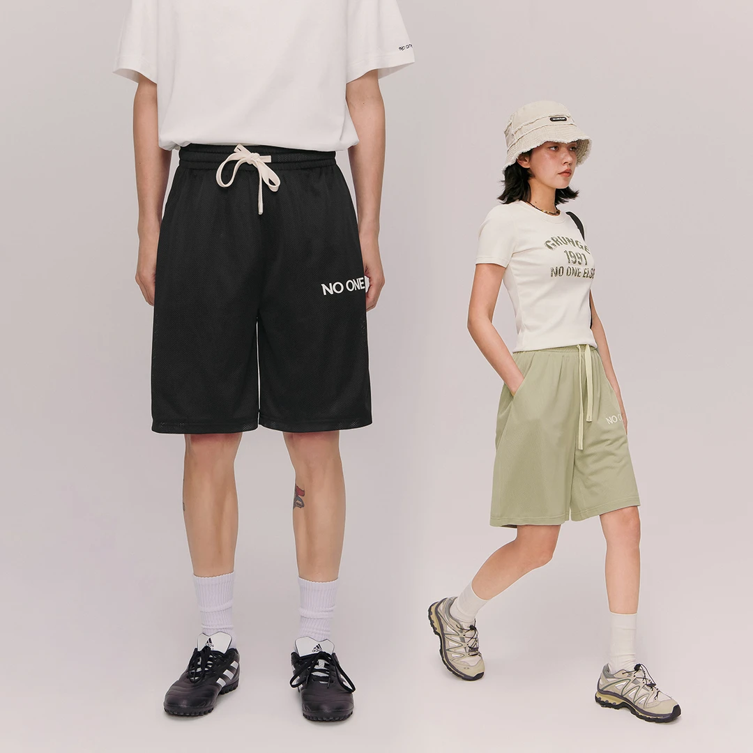 NO ONE ELSE美式复古男女字母印花运动宽松短款高腰抽绳休闲裤