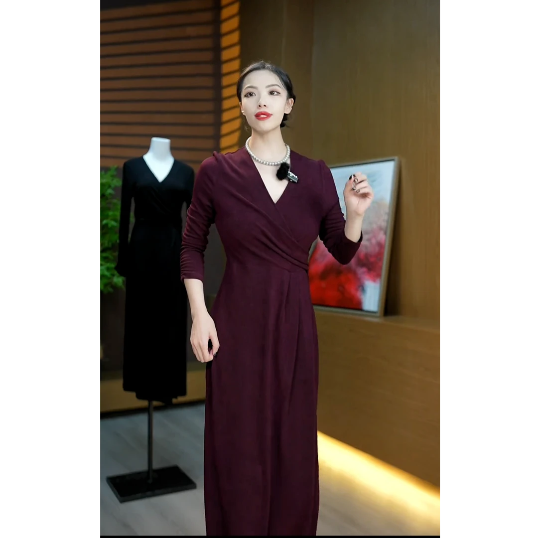 轻奢名媛~春季针织醋酸法式连衣裙修身显瘦时尚收腰长款