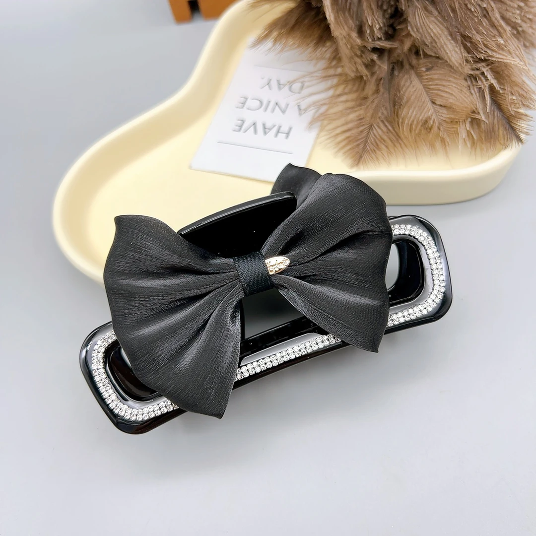 49137 HOA 手工蝴蝶结绢纱抓夹黑色 底夹12cm