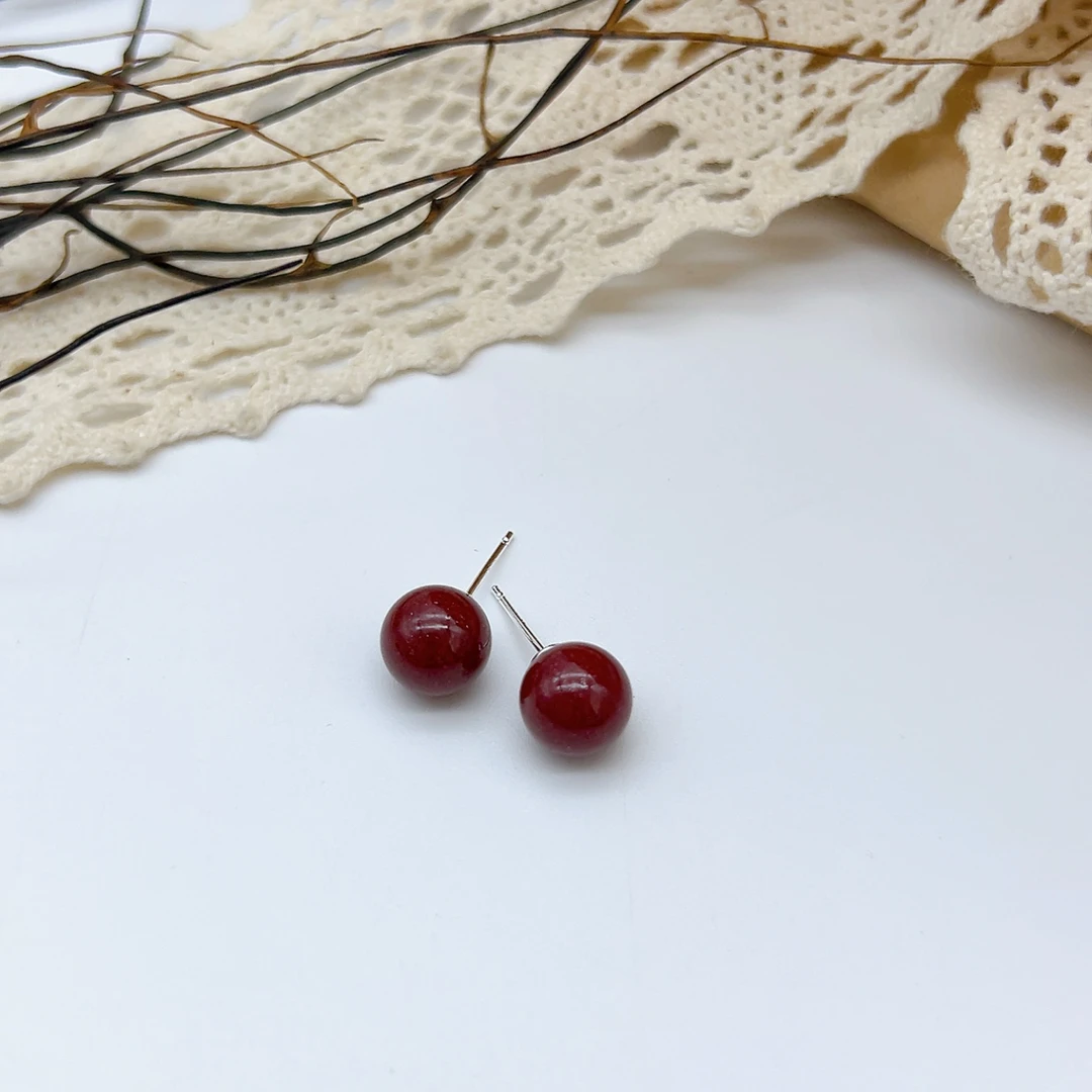 925银耳饰 00213 好啊商店 925银酒红色系耳钉 珠珠8mm