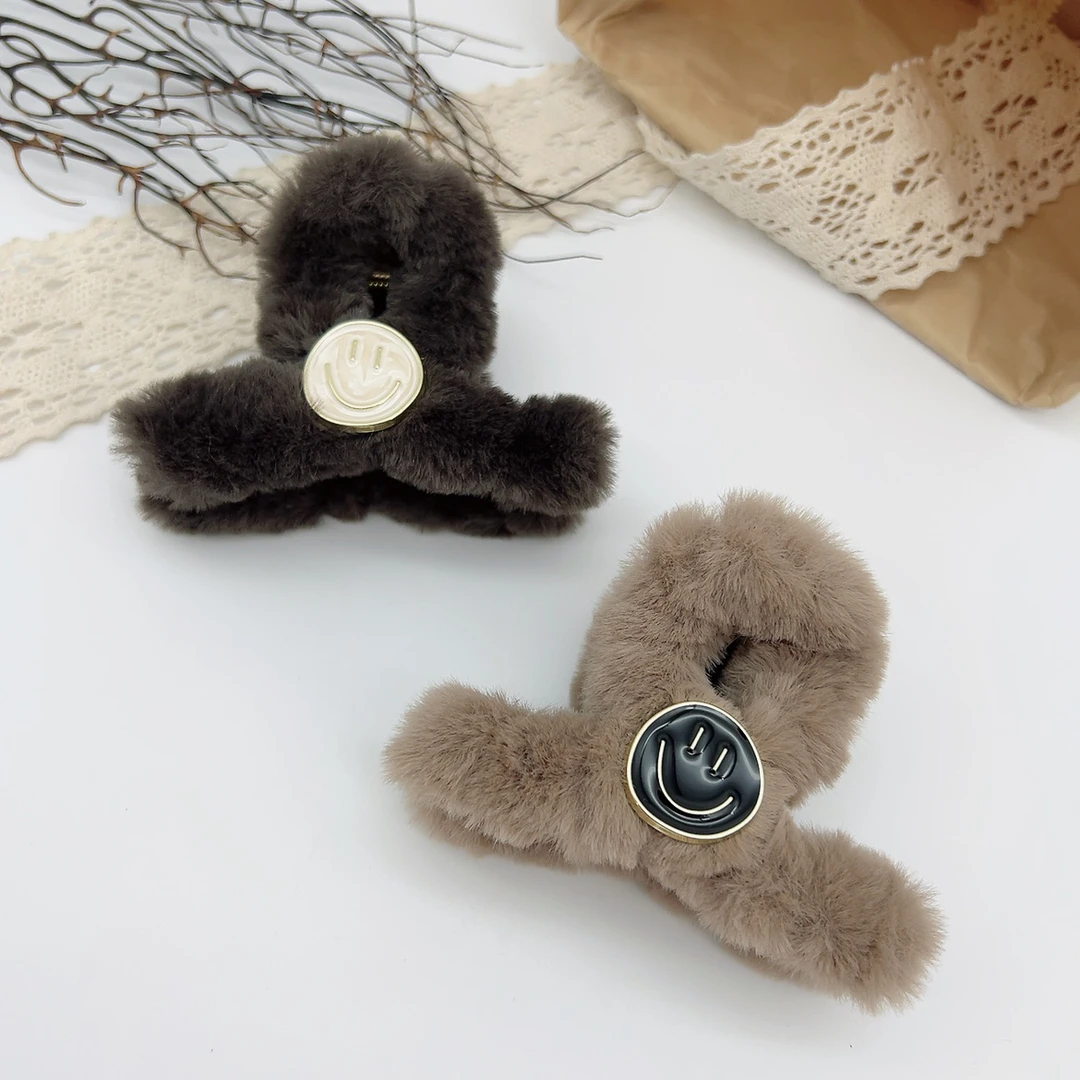 49842 好啊商店 滴油笑脸毛毛抓夹组合两个装-深咖浅咖 底夹8cm