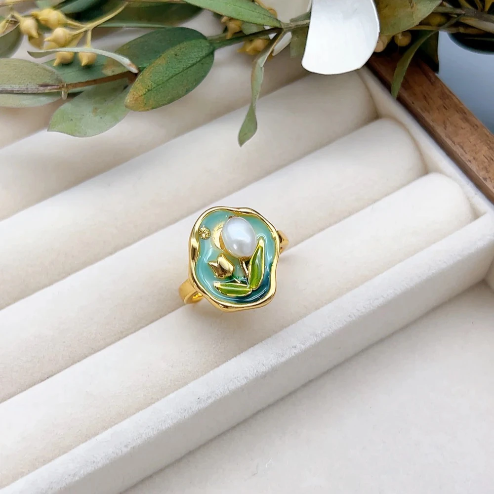 铜合金仿珍珠戒指 00887 好啊商店 油画风郁金香珍珠戒指-绿色