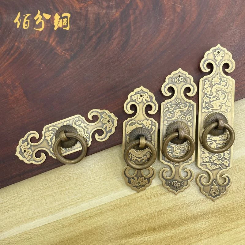仿古拉手中式纯黄铜直条把手柜门拉手雕花蝙蝠拉手五金家具铜配件