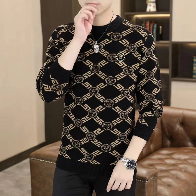 2023秋冬季新款加厚提花烫金时尚潮流休闲百搭男士圆领长袖针织衫
