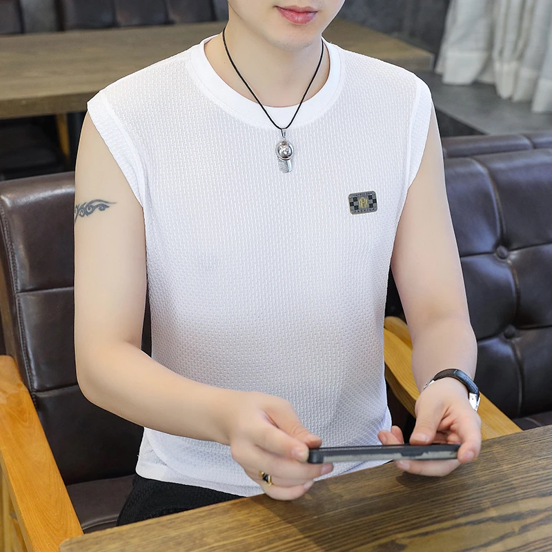 2024夏季男士透气健身打底无袖圆领半袖薄款潮流网眼背心无袖T恤