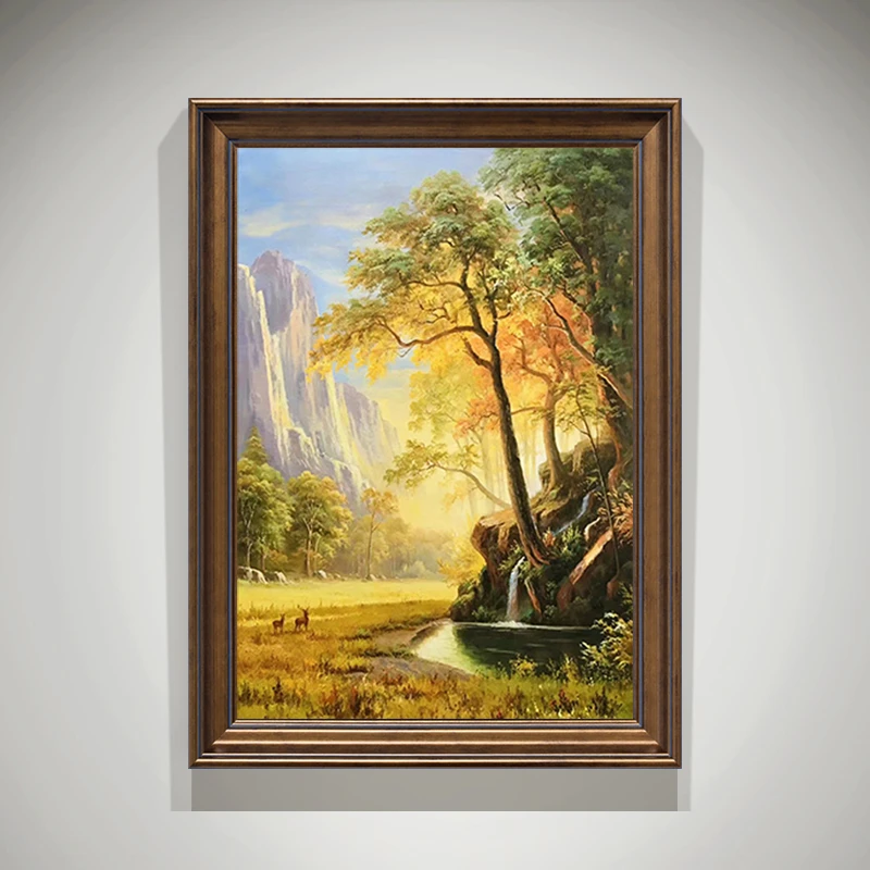 美式轻奢玄关竖版挂画雄鹿欧式装饰画餐厅手绘油画古典风景画走廊