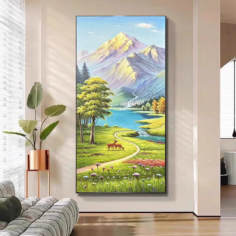 欧式客厅风景小鹿手绘油画玄关聚宝盆装饰画欧式走廊过道挂画竖版