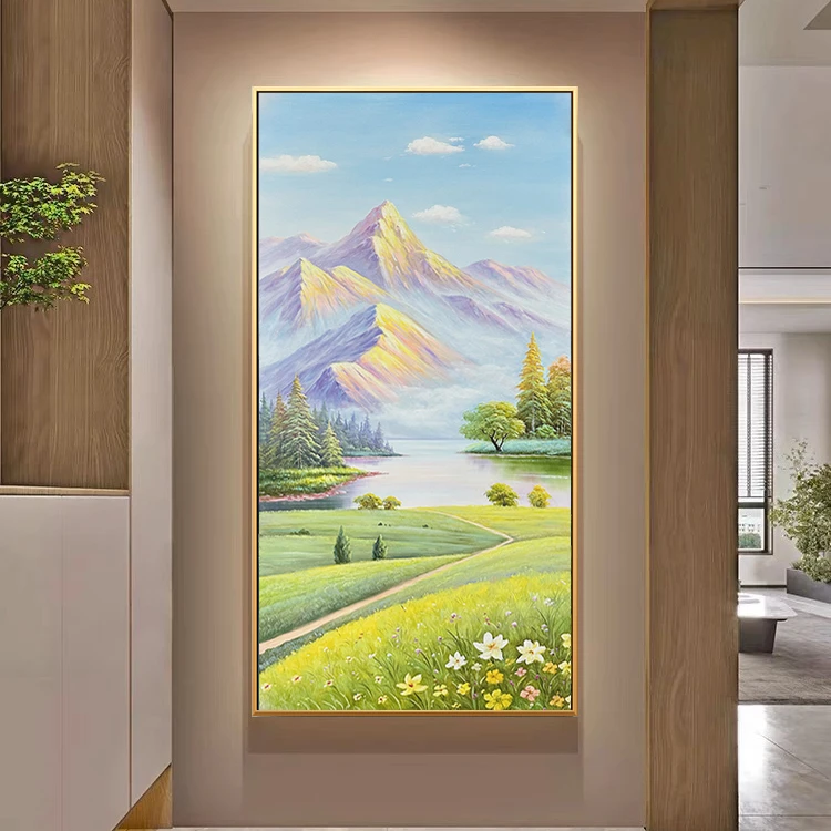 金山聚宝盆装饰画手绘风景油画玄关竖版立体壁画轻奢高山流水挂画