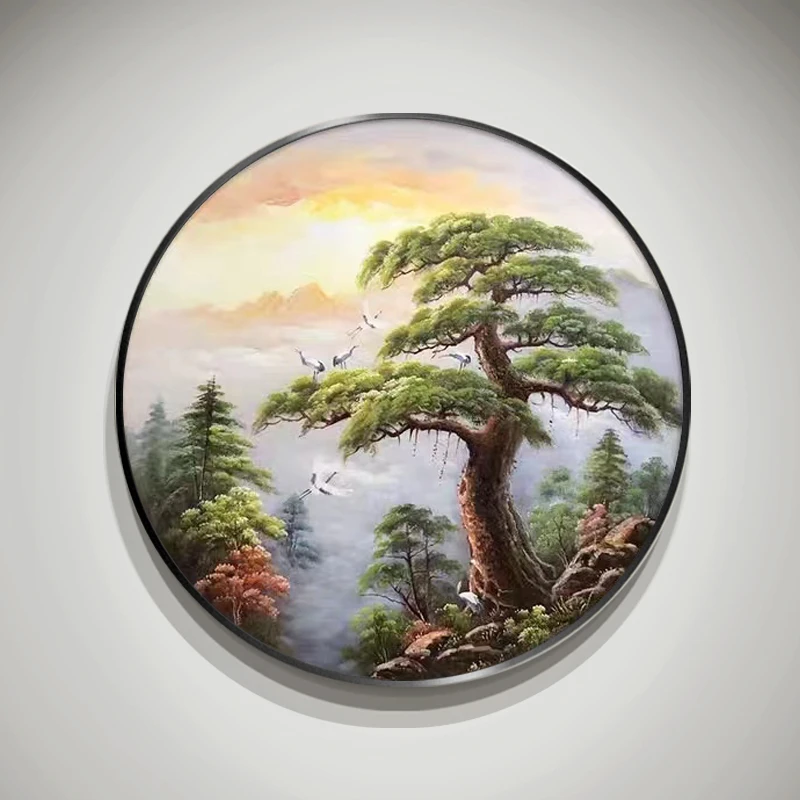 迎客松圆形招财风景手绘油画新中式客厅玄关书房装饰画办公室挂画