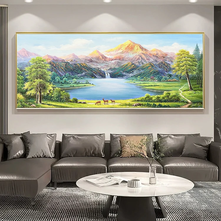 现代美式客厅装饰画山水风景聚宝盆福鹿挂画玄关大气手绘油画金山