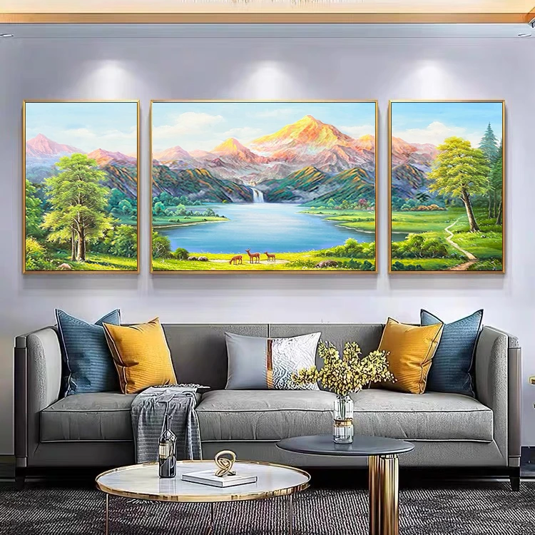 手绘油画客厅装饰画风景欧式美式挂画沙发背景墙金山聚宝盆三联画