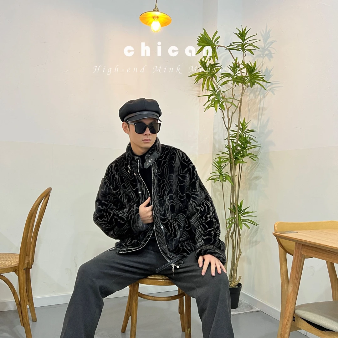 进口天鹅绒祥云纹设计款轻奢休闲气质银蓝机车夹克正版水貂大衣男