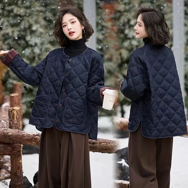 圆领时尚牛仔夹棉外套