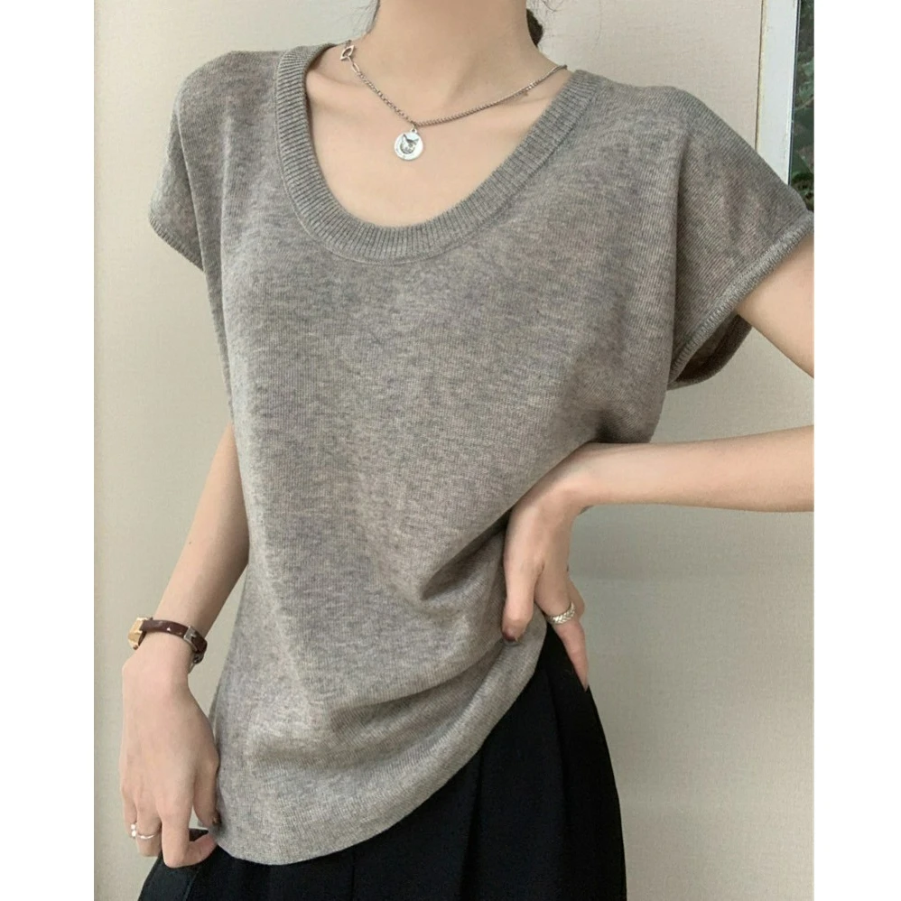 灰色软糯松弛感薄款U领短袖针织衫夏季T恤百搭休闲辣妹显瘦上衣女