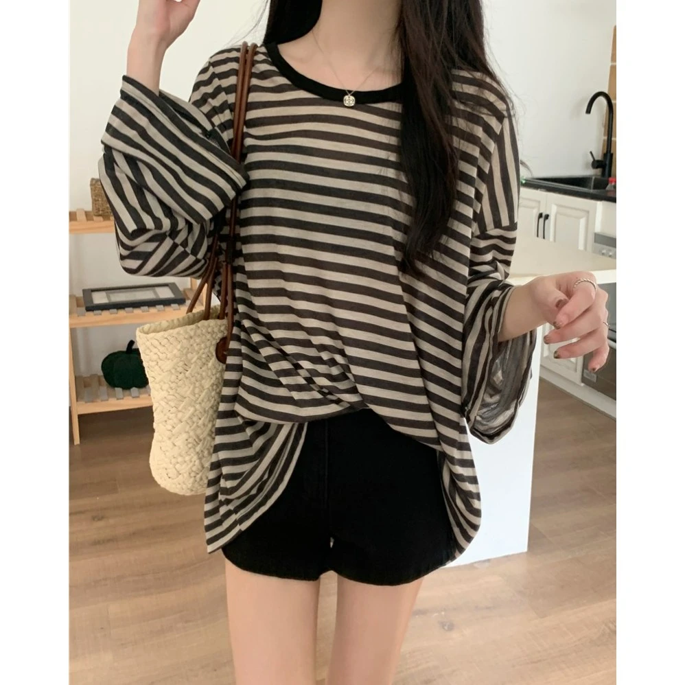 休闲显瘦条纹喇叭长袖百搭防晒T恤秋宽松慵懒风上衣