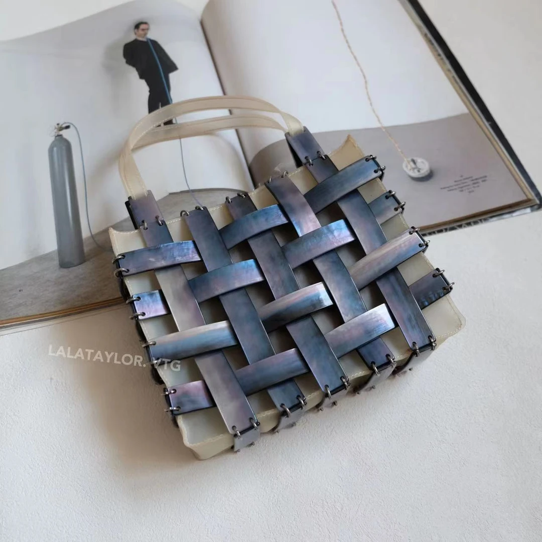95新 BOTTEGA VENETA/葆蝶家 辣辣/超美蓝色贝母编织手提包