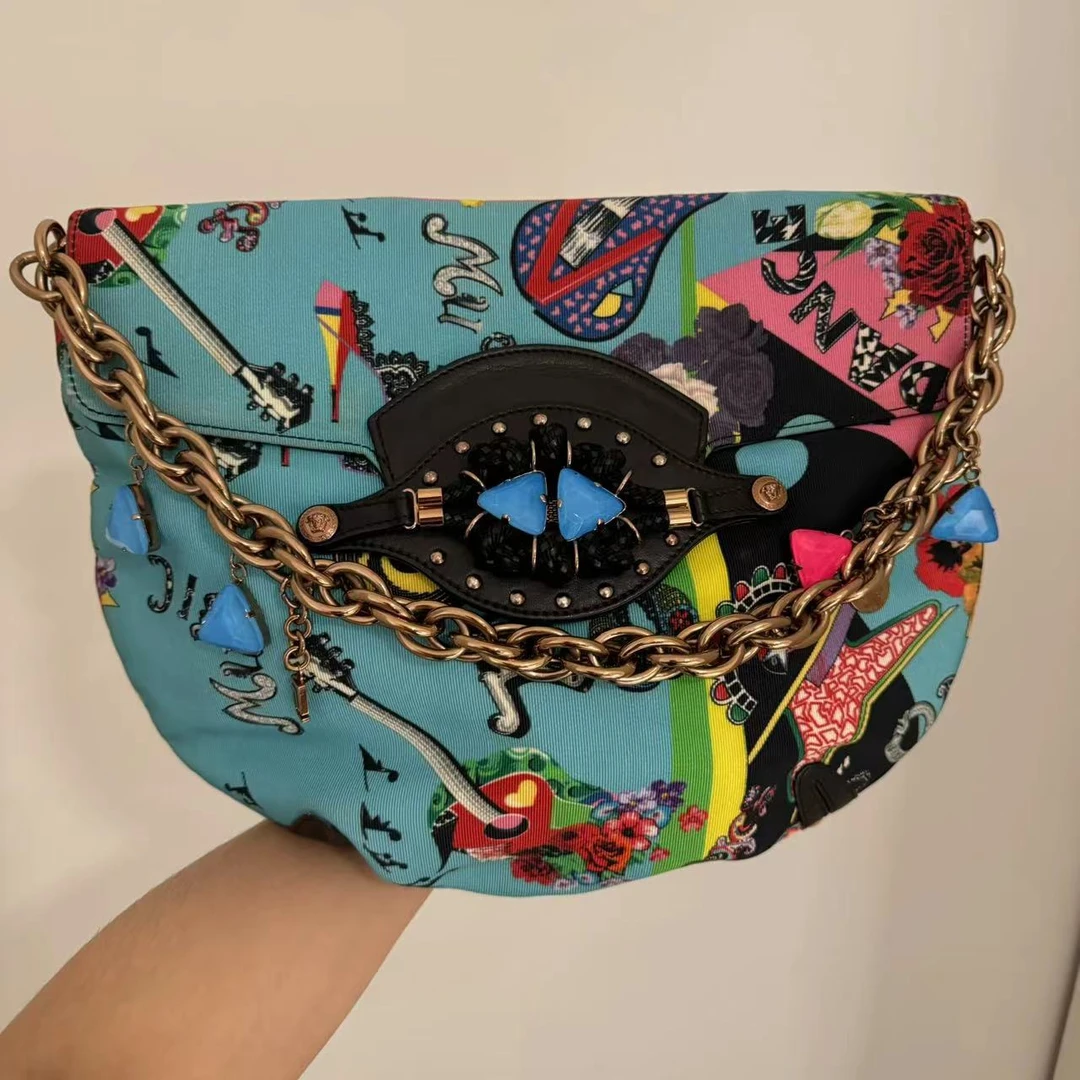 95新 VERSACE/范思哲 辣辣/超美链条设计拼色涂鸦单肩包