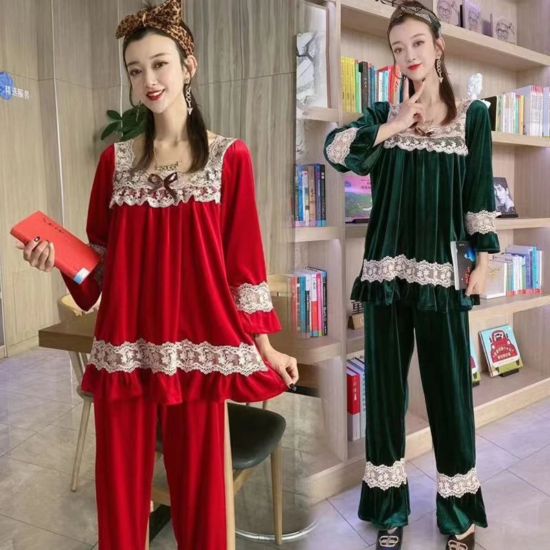 金丝绒睡衣女套装秋冬季韩红色蕾丝九分袖上衣本命年家居服两件套