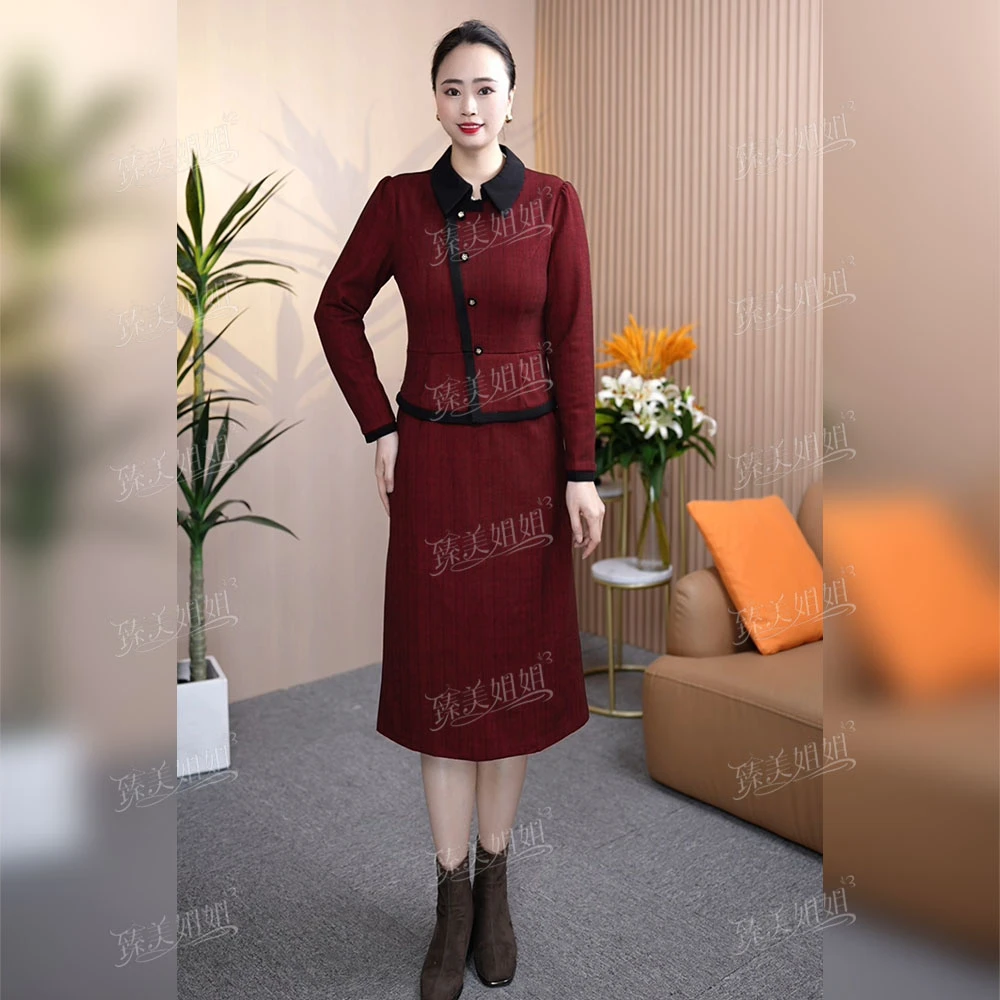 2024秋季新款女装连衣裙妈妈装显瘦气质网红洋气时尚红色妈妈装