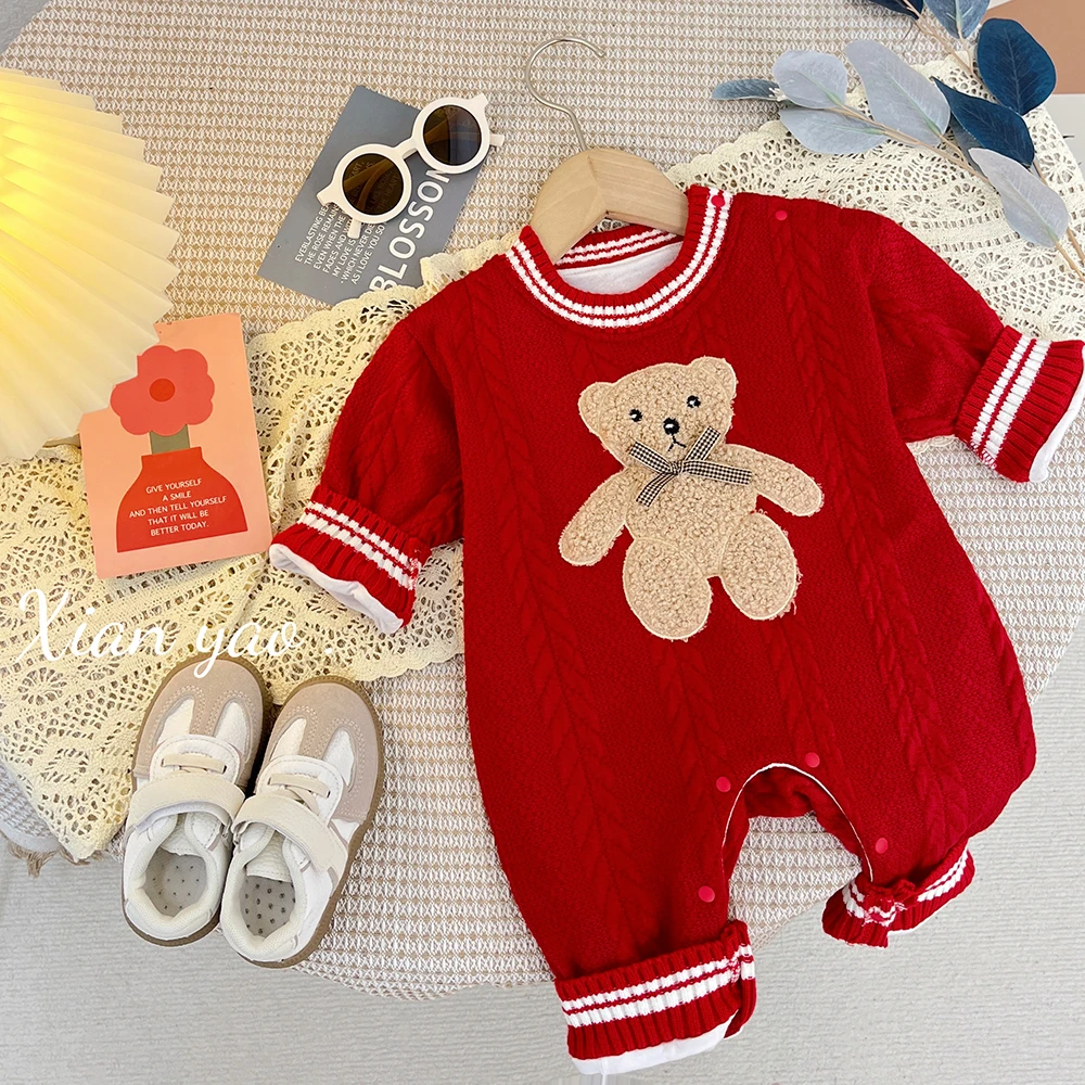 L【优选】韩系婴儿春秋针织连体衣春装可爱学院风毛衣亲子爬服LY