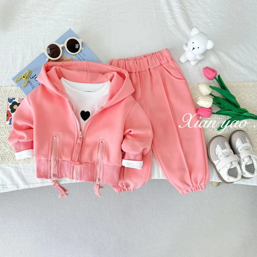 女童套装2025款儿童洋气休闲连帽双拉链外套运动套装H-N-C05