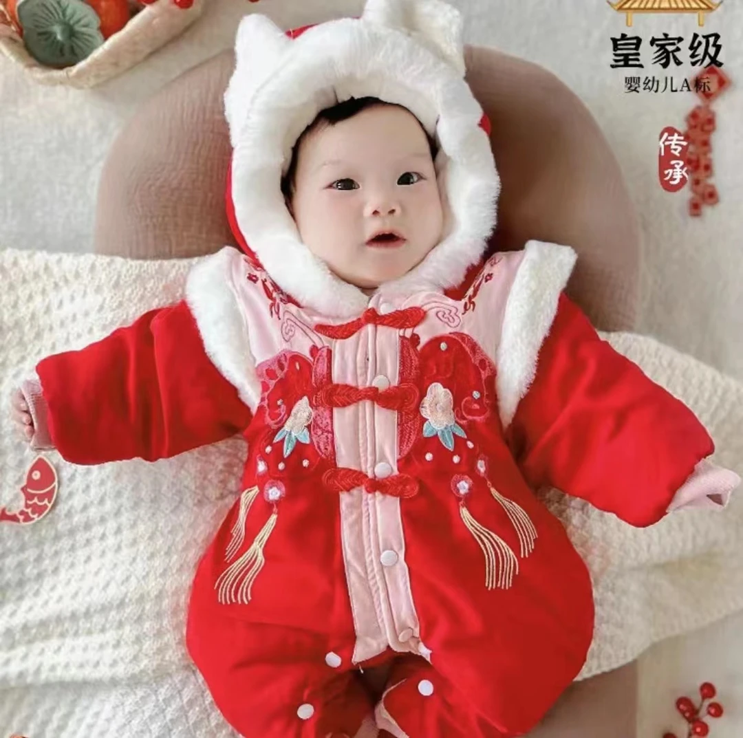L【优选】婴儿冬款加绒加厚连体女宝宝哈衣过年红色喜庆拜年爬服WX