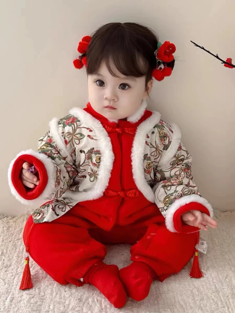 L【优选】婴儿冬装衣服加厚新生儿唐装冬季外出抱衣宝宝连体衣WX