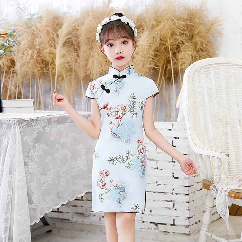 蓝色女童旗袍连衣裙夏季薄款复古中国风2023年新款短袖儿童小女孩