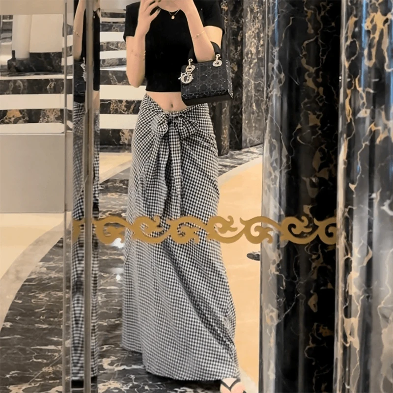 法式气质格纹系带半身裙女夏季新款高腰显瘦休闲时尚设计感长裙子