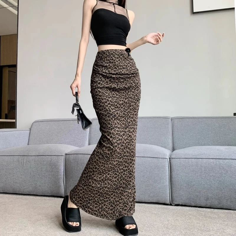 法式复古豹纹半身裙女2025秋季新款辣妹高腰修身显瘦包臀鱼尾长裙