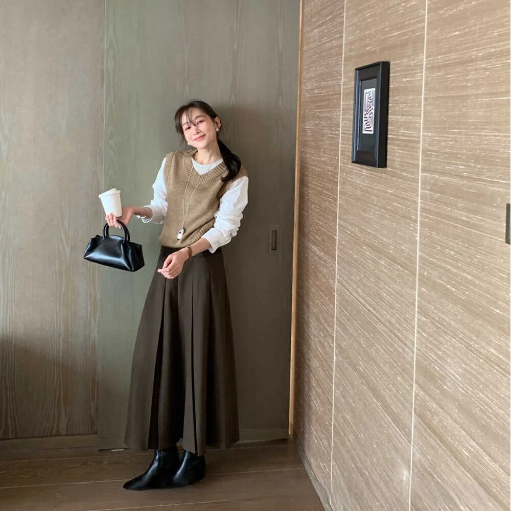 2025秋冬新款时尚百搭压褶A字半身裙设计感高腰显瘦百褶长裙