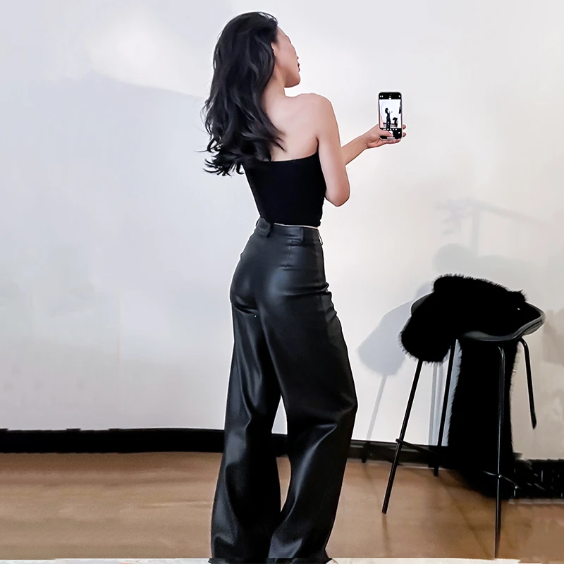 美式复古皮裤高腰黑色/棕色阔腿裤子女直筒2025年早春季休闲长裤