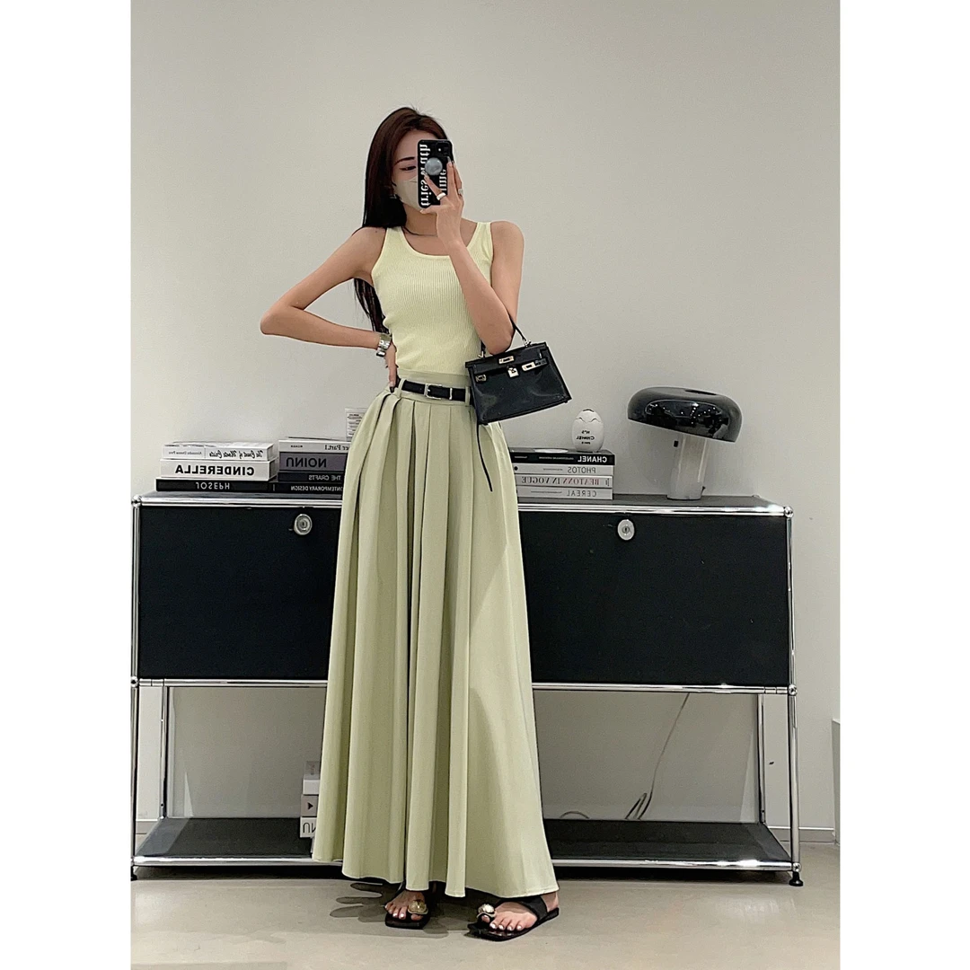 【绿色百褶裙】女配腰带时尚百搭高腰梨形显瘦大摆伞裙A字裙半身裙