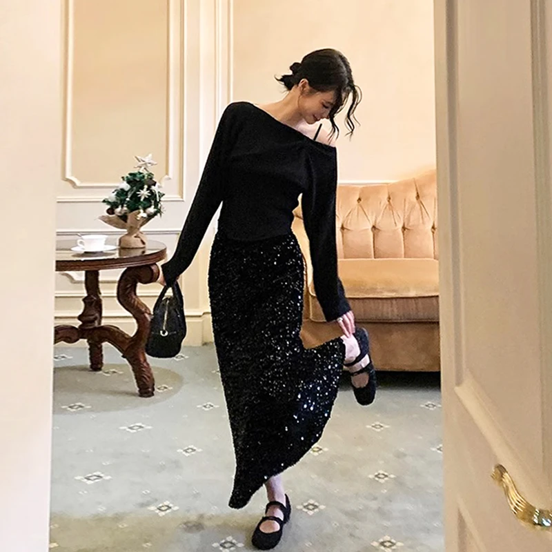 亮片丝绒半身裙秋冬季新款中长款松紧显瘦高腰a字气质垂感大摆裙