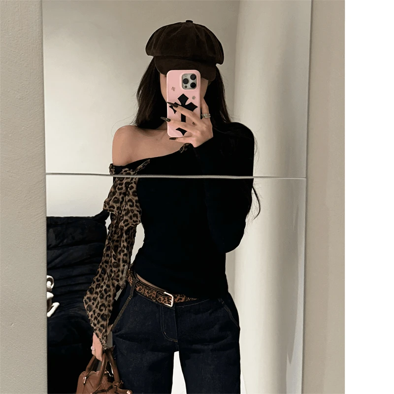 复古豹纹绑带斜肩长袖T恤女秋季新款修身显瘦设计感辣妹黑色上衣