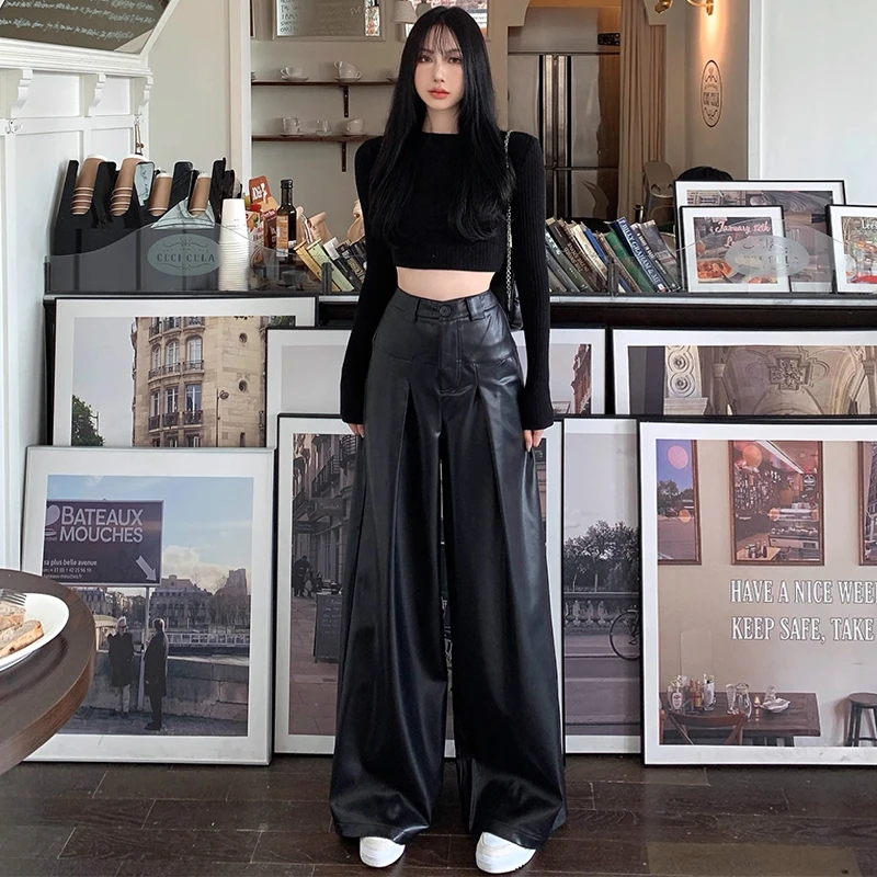 黑色皮裤女高个子显高秋季新款美式宽松工装裤直筒休闲高腰阔腿裤