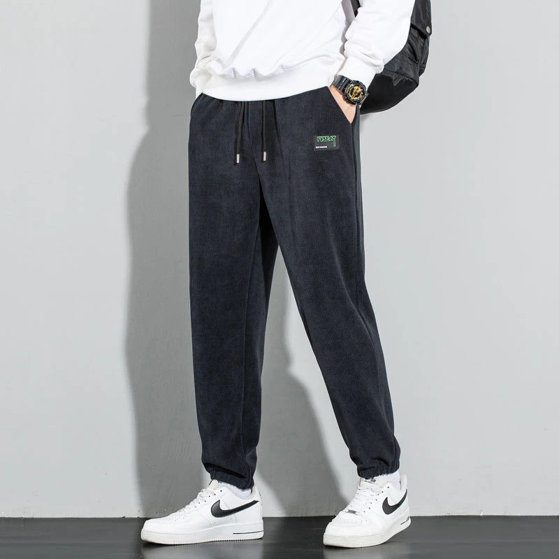 2025秋冬裤子条纹长裤子大码加绒加厚百搭休闲裤男松紧腰束脚卫裤