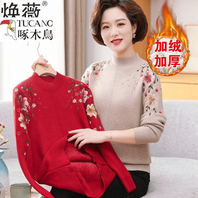 啄木鸟妈妈秋冬装加绒加厚毛衣中年上衣服中老年女一体绒针织打底