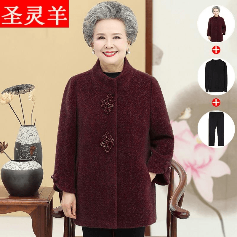圣灵羊奶奶秋冬装毛呢羊绒外套60岁70中老年妈妈水貂绒大衣老人太