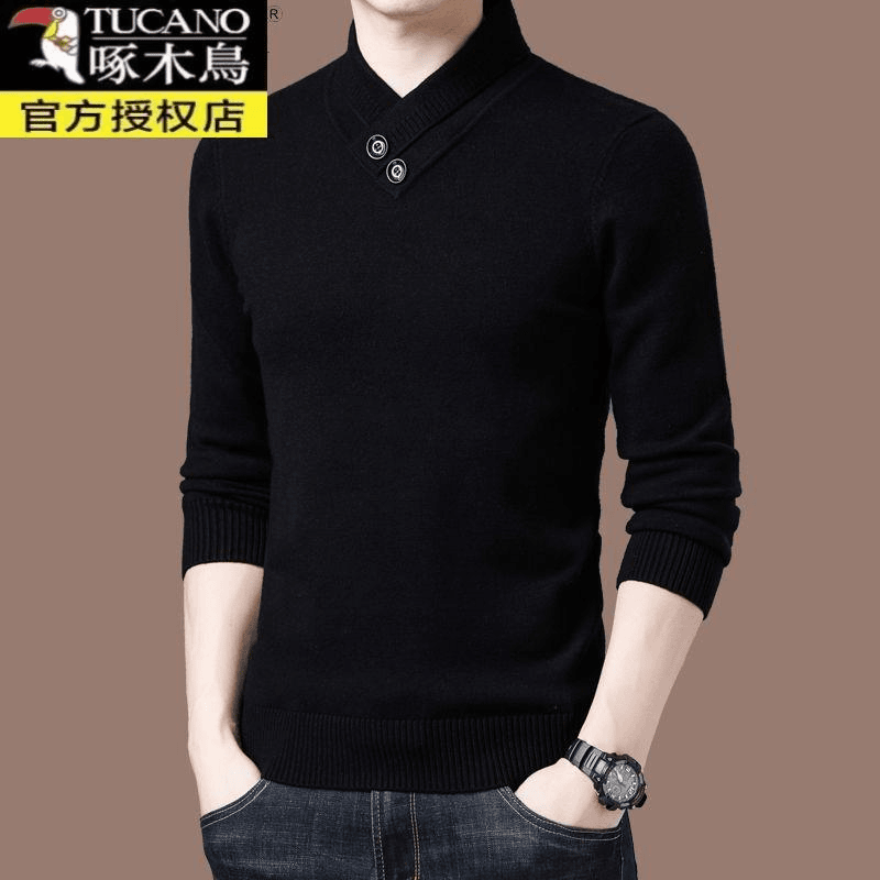 啄木鸟黑色v领羊毛衫男秋冬潮流男士毛衣加厚保暖长袖针织打底衫