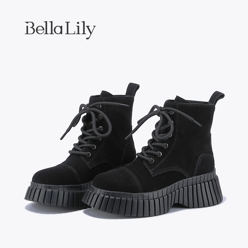 BellaLily2023初秋新款气质牛皮马丁靴女增高工装靴减龄中筒靴子