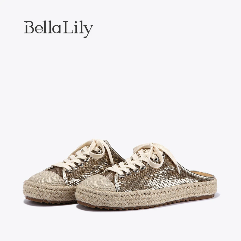 BellaLily2023夏新款麻绳亮片半包拖鞋女一脚蹬板鞋轻便休闲鞋子
