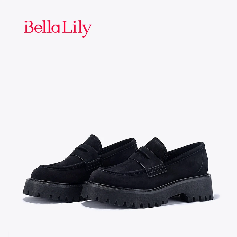 BellaLily2024春季新款羊皮复古乐福鞋女一脚蹬单鞋懒人小皮鞋子