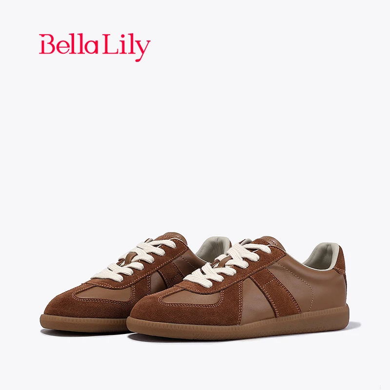 BellaLily2024春季新款牛皮低帮德训鞋女经典时尚板鞋复古平底鞋