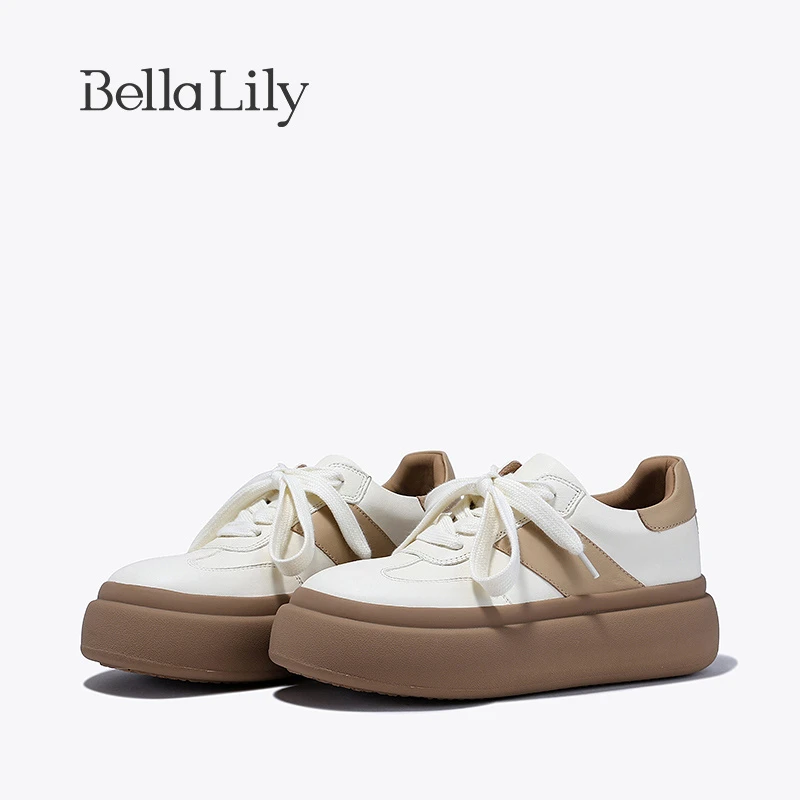 BellaLily2023早秋新款松糕牛皮面包鞋女轻便增高板鞋潮流蓬蓬鞋