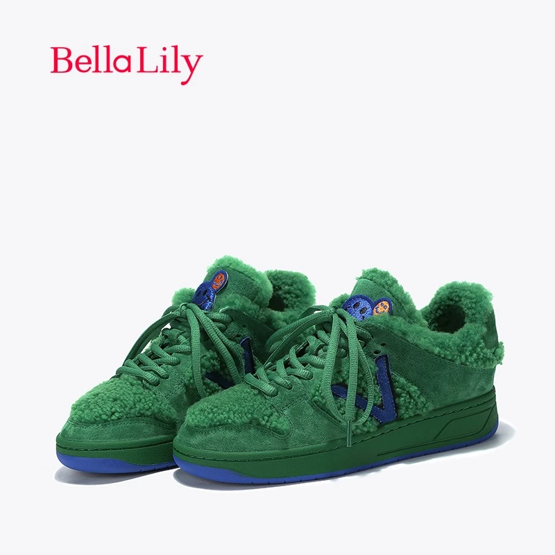 BellaLily冬新款加绒低帮板鞋女时尚潮鞋保暖休闲鞋绿色ins