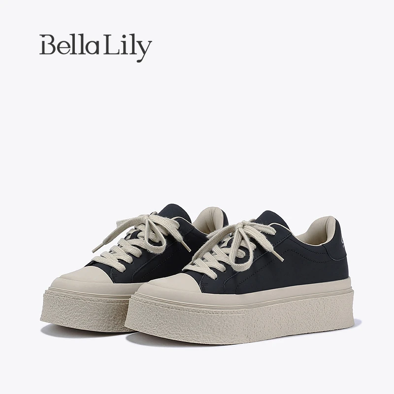 BellaLily2023早秋新款增高时尚板鞋女减龄透气休闲鞋牛皮松糕鞋