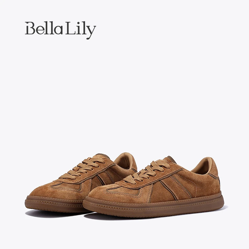 BellaLily2024春夏新款平底百搭德训鞋女系带牛皮板鞋时尚休闲鞋