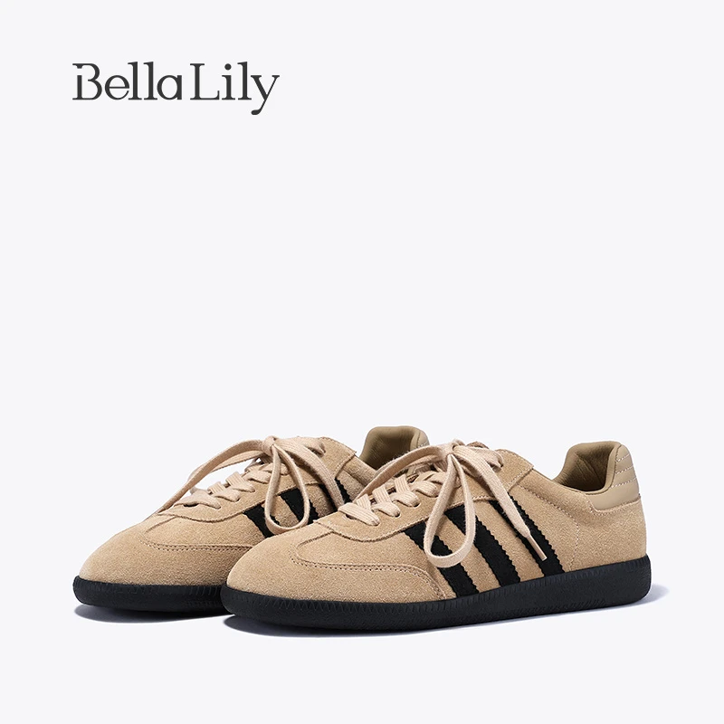 BellaLily复古减龄平底德训鞋女磨砂牛皮休闲鞋斜杠舒适百搭板鞋