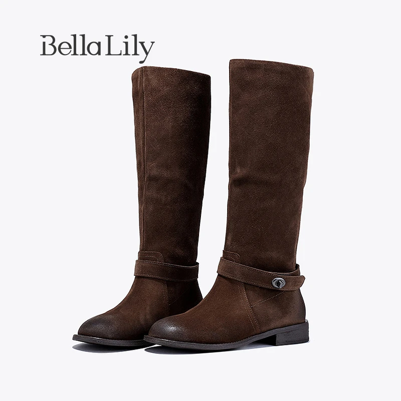 BellaLily美拉德复古牛皮高靴女百搭减龄骑士靴时尚英伦风长筒靴